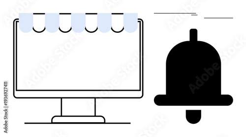 Desktop monitor with horizontal tabs above screen and highlighted bell symbol conveys notification, updates, and communication. Ideal for technology, email, reminders, productivity, workflow, alert