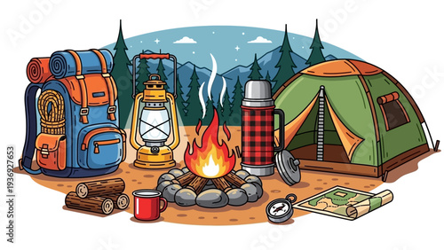 Camping gear and campfire illustration