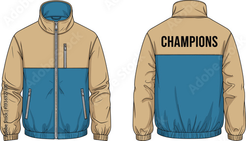 Two tone beige and blue bomber jacket mockup, front and back view, modern sportswear apparel design template