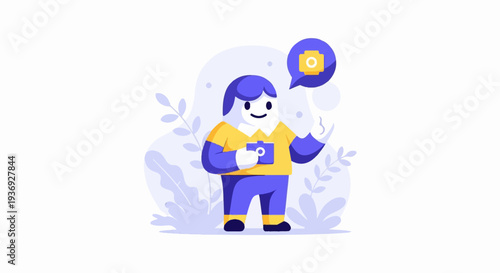 A cartoon character with blue hair and a yellow shirt holds a camera, with a camera icon in a speech bubble