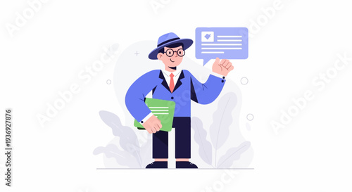 Cheerful cartoon man in hat and suit, holding a folder, giving a thumbs up