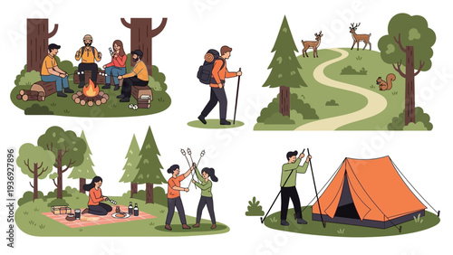 Outdoor Camping Adventure: Friends, Hiking, Picnic and Tent Setup