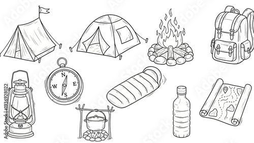 Camping Gear Collection: Tents, Backpack, Campfire, Compass, Lantern, Map, Sleeping Bag