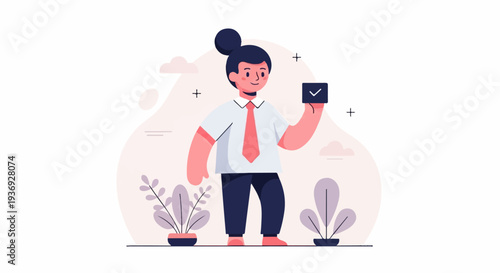 A person in office attire holds a checkmark, signifying completion and success in a minimalist setting