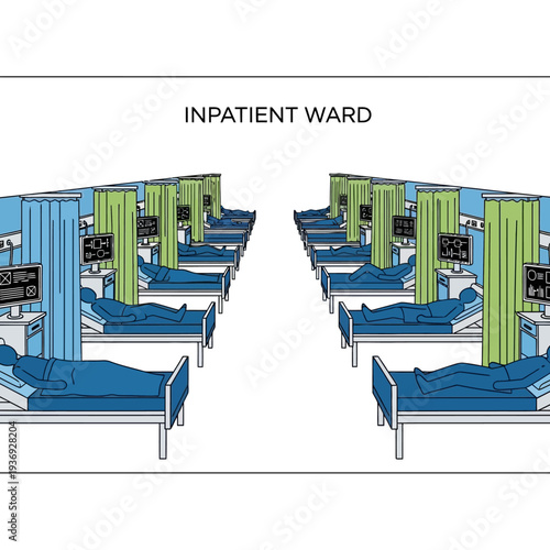 Hospital Inpatient Ward Scene with Multiple Beds and Medical Equipment in a Clinical Environment from a Front Viewpoint