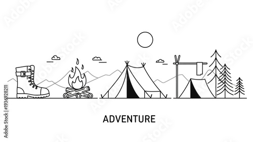 Outdoor Camping Adventure Scene with Tent, Campfire, Boot, and Trees