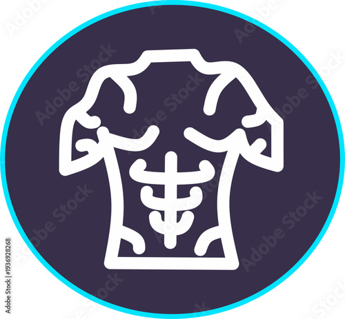 Muscular human torso icon showing chest and abdominal muscles in line style on dark background. Fitness, bodybuilding, strength training concept.