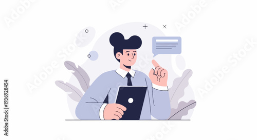 A stylized illustration of a person in a shirt and tie holding a tablet and talking