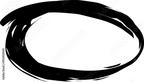 Abstract black circular brush stroke forming a dynamic loop shape. Minimal artistic design symbolizing motion, cycle, rotation, progress, and continuous flow.