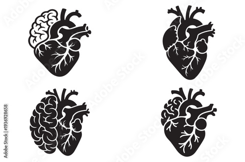 Brain and Heart Balance Vector Icon, Logic and Emotion Silhouette Illustration