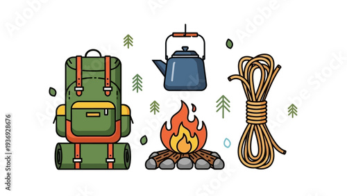 Camping Gear Flat Illustration: Backpack, Campfire, Kettle, Rope, Trees