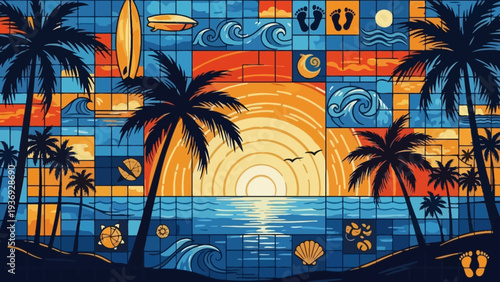 Tropical Sunset Mosaic: Palm Trees, Surfboard, Ocean Waves, Beach Elements
