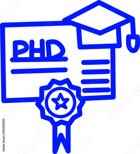 PhD diploma line icon with graduation cap and award badge. Academic degree certificate symbol representing higher education, research achievement, and doctorate success.