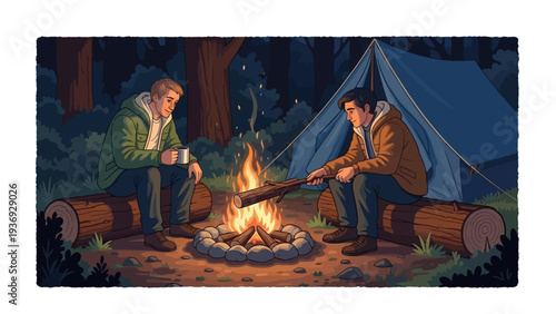 Two friends camping at night, sitting by a campfire and tent