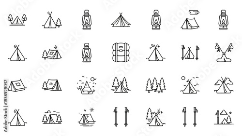 Camping Icons Set: Tents, Lanterns, Backpack, Trekking Poles, Trees