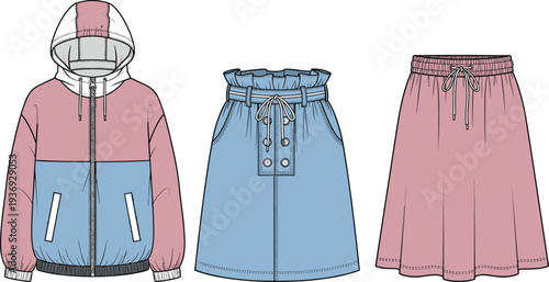 Women casual outfit set illustration, color block hoodie and skirts fashion apparel collection isolated design template