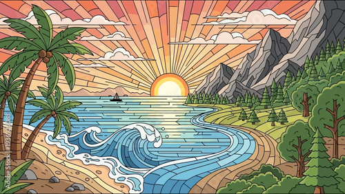 Vibrant Tropical Beach Sunrise with Ocean Waves and Mountains