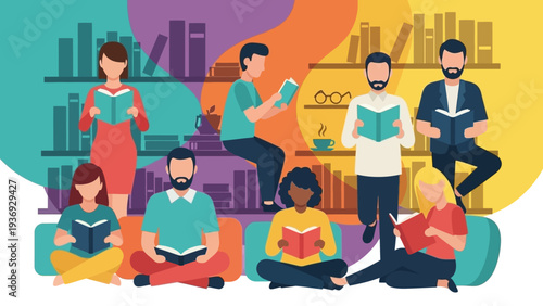 Diverse Group of People Reading Books in a Cozy Library or Bookstore