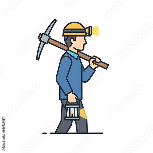 Construction worker carrying a pickaxe walking to a work site.
