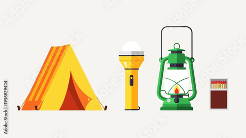 Camping Gear: Tent, Flashlight, Lantern, Matches - Outdoor Adventure Icons