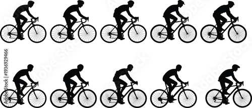 Cyclist silhouette sequence, bicycle motion illustration, pedaling stages, cycling biomechanics, rider posture variations, dynamic activity, sports animation design, fitness concept
