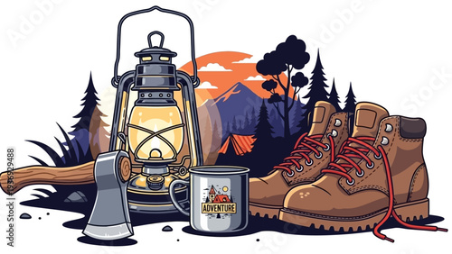 Camping Adventure Gear: Lantern, Boots, Axe, Mug, Tent, Mountains and Trees