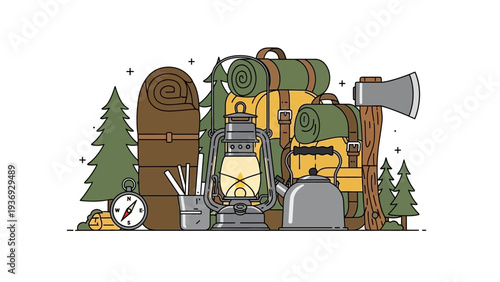 Camping Gear Illustration: Backpacks, Lantern, Axe, Compass, Kettle, Trees