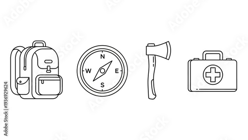 Outdoor Adventure Gear Icons: Backpack, Compass, Axe, First Aid Kit
