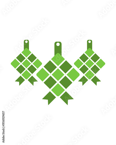 Three Traditional Green Ketupat Icons for Eid Mubarak Celebration