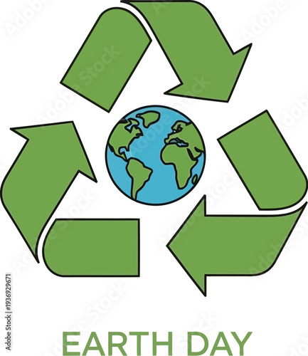 Iconic green recycling symbol centered around a detailed planet earth illustration highlights environmental awareness for everyone