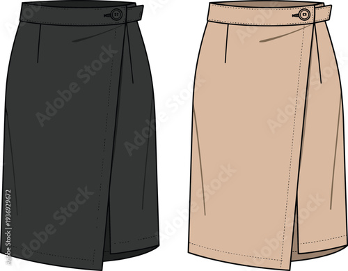 Wrap midi skirt mockup set, black and beige front view, elegant women fashion apparel template isolated design