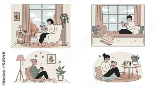 Cozy Autumn Scene: People Enjoying Warm Drinks Indoors