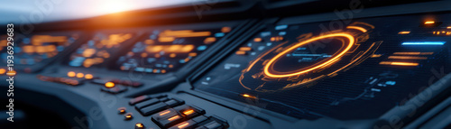 Futuristic technology interface with glowing orange circular display and control buttons, close up of advanced digital dashboard with illuminated elements and sleek design
