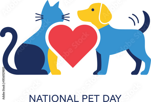 A colorful flat design illustration of a friendly cat and a wagging dog with a heart, celebrating National Pet Day together.