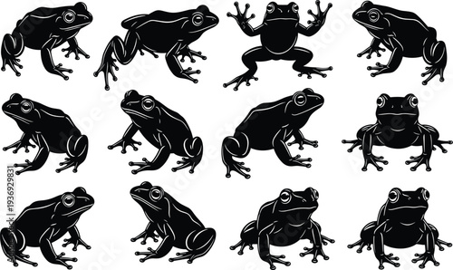 Black Frog Silhouettes Set, Tropical Tree Frog Stencil Icons, Amphibian Nature Vector Graphics for Wildlife Illustration, Craft Projects, and Graphic Design