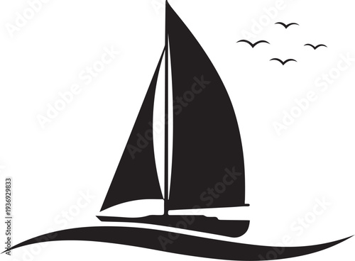 Black silhouette sailboat sailing on water with birds flying overhead