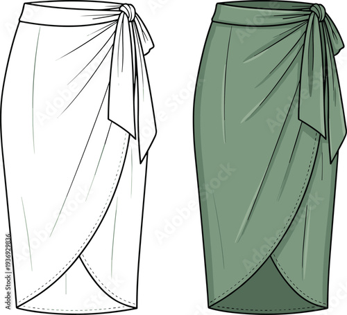 Wrap skirt mockup set, front view tied waist midi sarong style women apparel isolated on white background