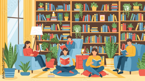 Cozy Library Scene: People Reading Books by Large Bookshelf and Plants