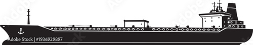 Oil tanker ship silhouette with long hull isolated on white background