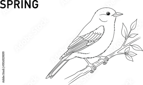 Simple black and white line art drawing of a small songbird perched upon a budding leafy branch signaling the season.