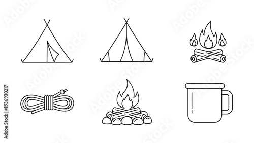 Camping Icons Set: Tent, Fire, Rope, Mug - Outline Graphics