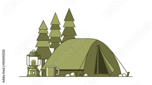 Camping Tent, Lantern, and Mug in Forest - Outdoor Adventure Illustration