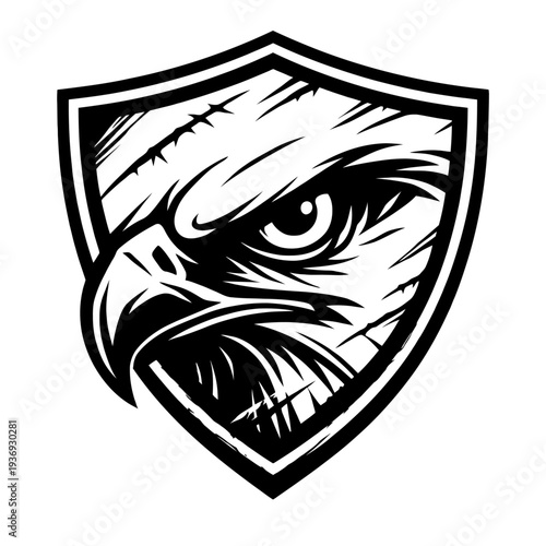 Fierce Eagle Head Shield Logo: Powerful black & white vector mascot. Aggressive raptor emblem with intense gaze, distressed grunge texture. Ideal for sports, eSports, military, security branding. Symb