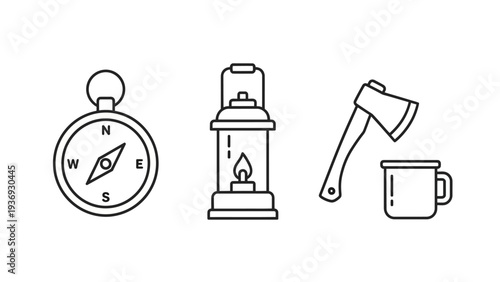 Camping Gear Icons: Compass, Lantern, Axe, and Mug Set