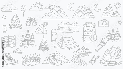 Outdoor Adventure Line Art Icons: Camping, Hiking, Travel & Nature Elements