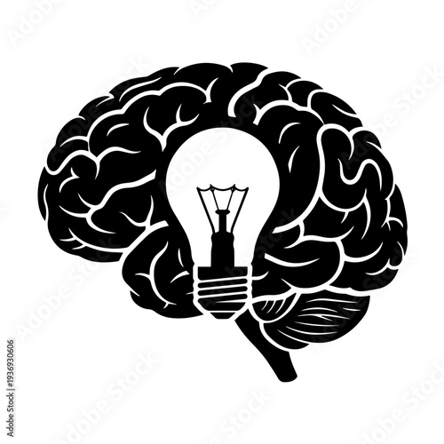 Human Brain with Light Bulb Idea Concept Silhouette Vector Illustration Isolated on Transparent Background PNG