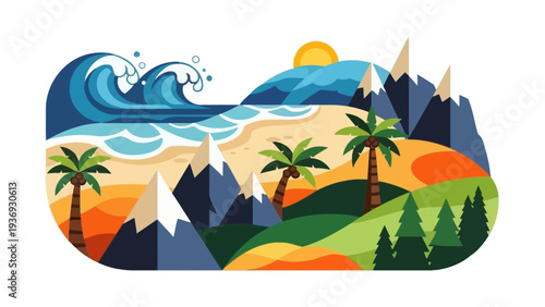Tropical Beach Landscape with Mountains, Ocean Waves, Palm Trees, and Sun