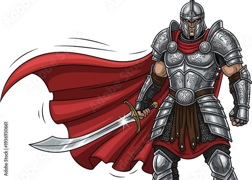 A cartoon illustration of a medieval knight in shining armor holding a sword