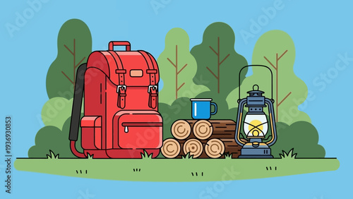 Red Backpack, Lantern, and Firewood for Camping Adventure in Forest