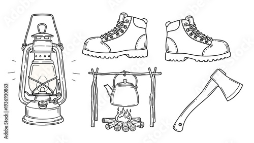 Camping Gear Line Art: Lantern, Boots, Axe, Campfire Kettle
